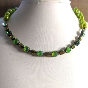 Green Apple Peridot Swarovski Crystal & Green Freshwater Baroque Brass Necklace